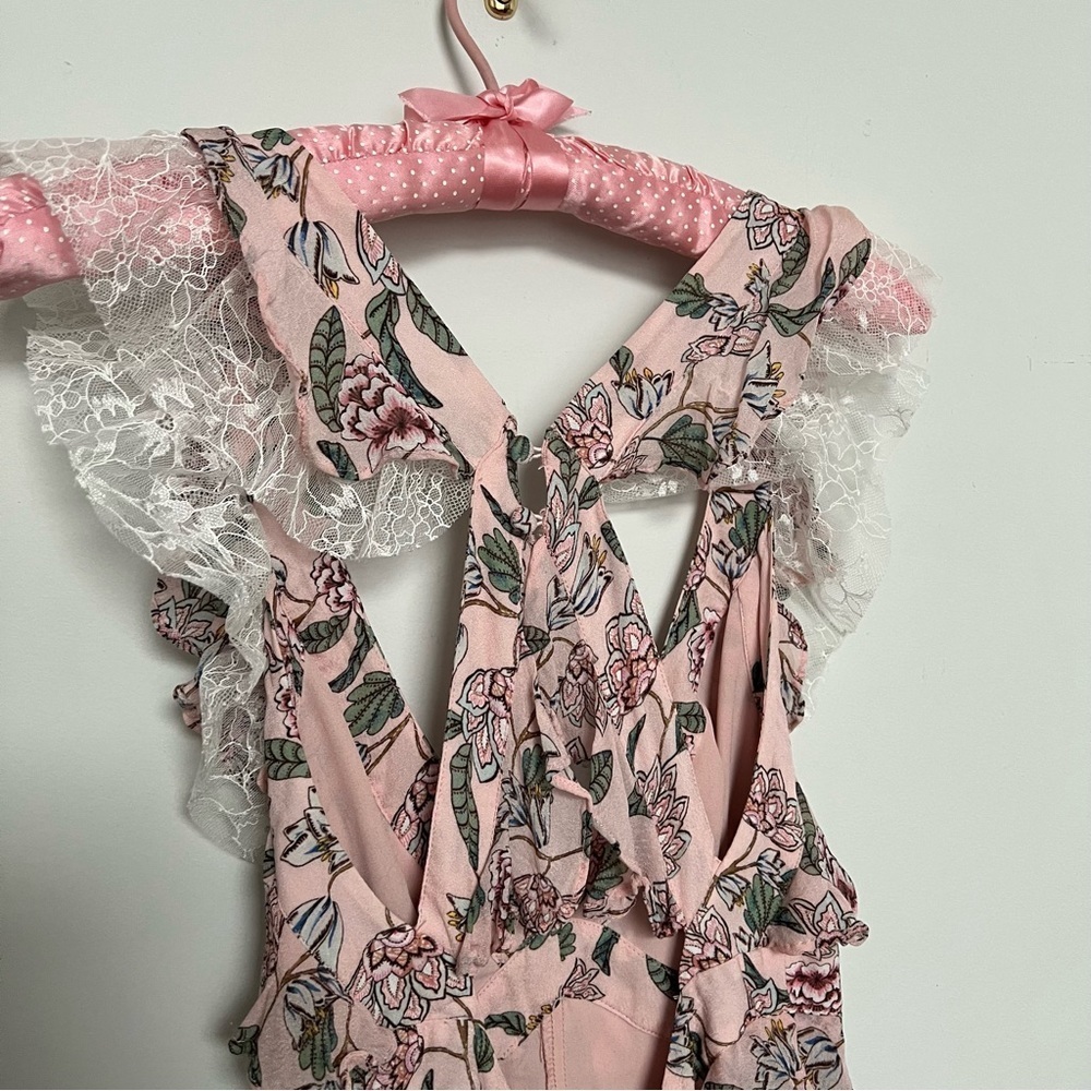 For Love & Lemons Pink Floral Lace Romper | Romantic Ruffle Mini XS - Picture 6 of 8